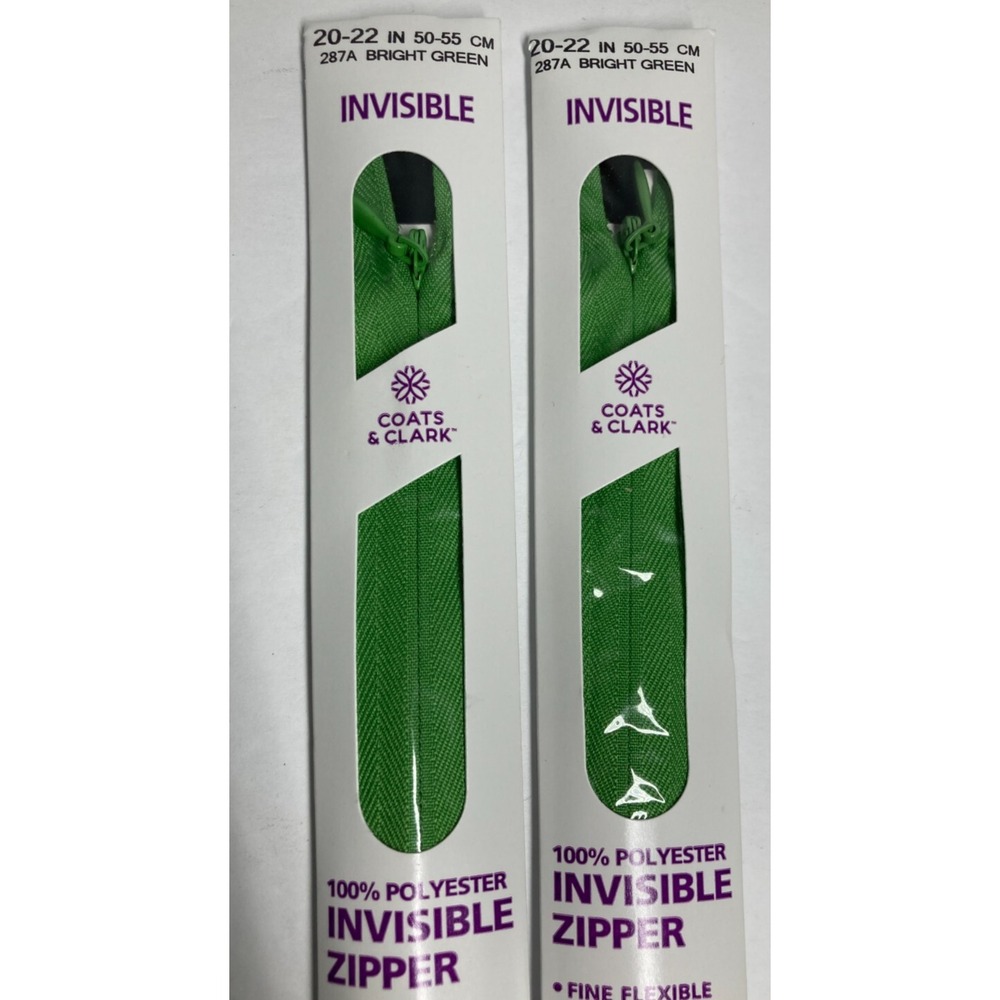 Coats Invisible Zipper 20" To 22" Bright Green  F84/22-287A‎ (Pack of 2) NEW